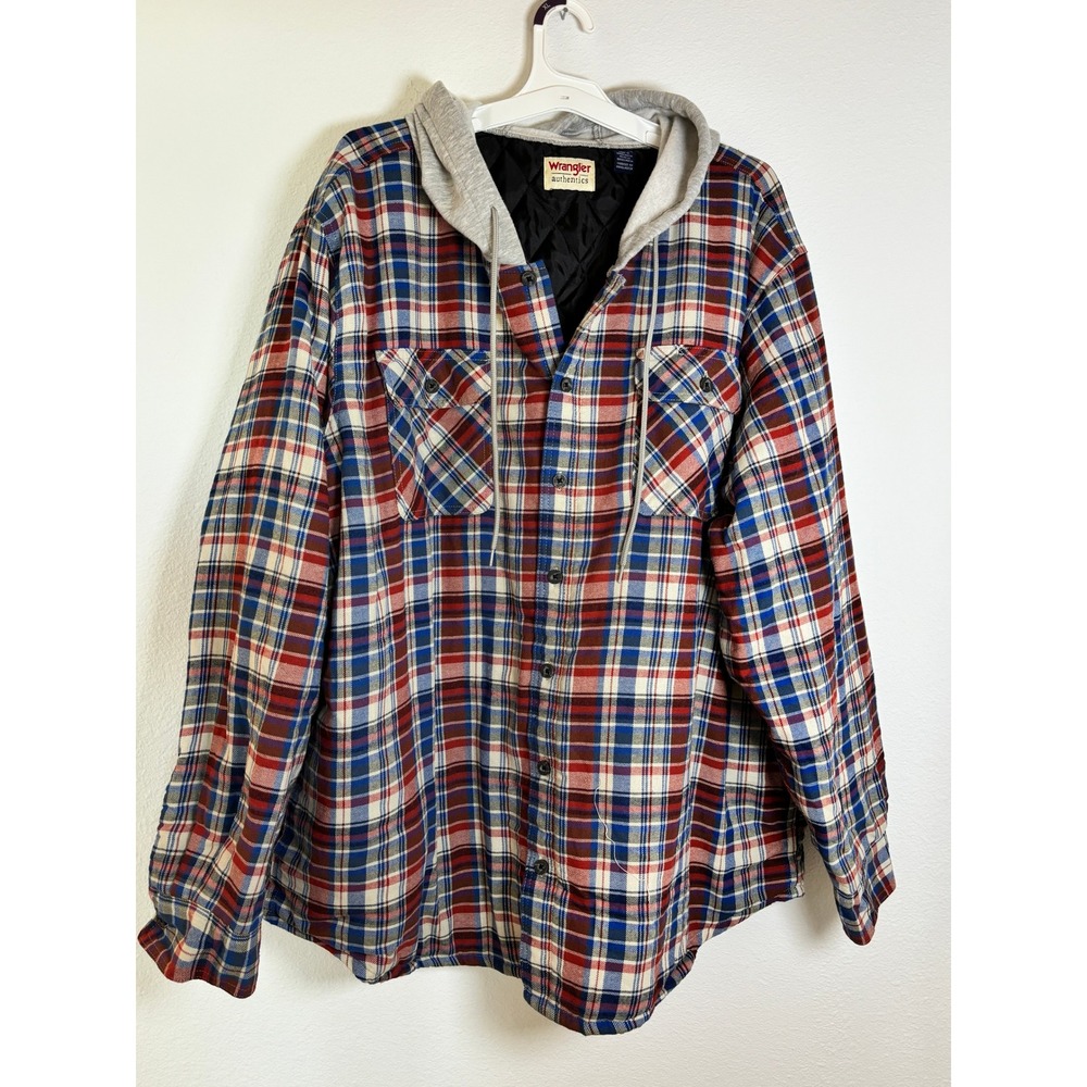 Wrangler Authentics Mens 3XL Plaid Quilted Lined Hooded Flannel Shirt Jacket Red